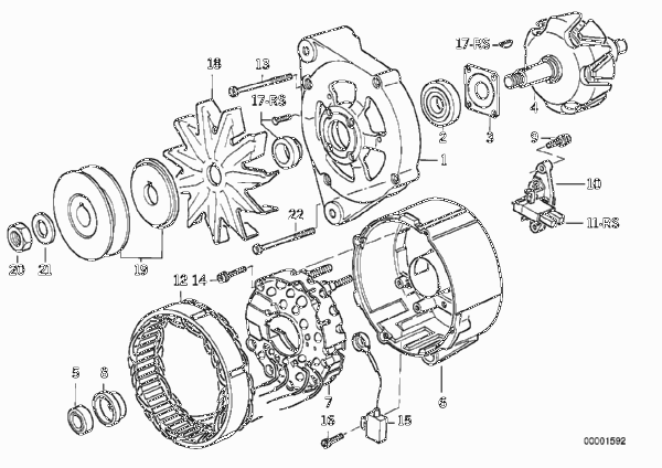 Детали генератора на 90 А для BMW E30 320i M20 (схема запчастей)
