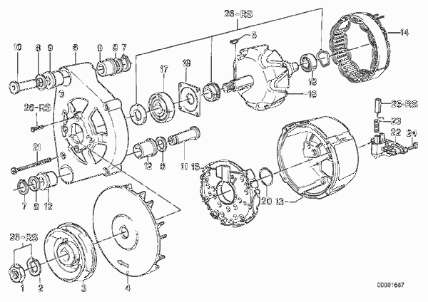 Детали генератора для BMW E23 728i M30 (схема запчастей)