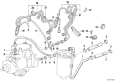 Форсунки/трубопроводы распред.магистрали для BMW E34 524td M21 (схема запасных частей)