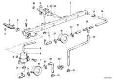 Клапаны/трубопроводы системы впрыска для BMW E30 325e M20 (схема запасных частей)