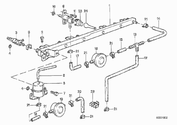 Клапаны/трубопроводы системы впрыска для BMW E30 323i M20 (схема запчастей)