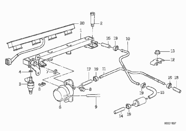Клапаны/трубопроводы системы впрыска для BMW E34 518i M40 (схема запчастей)