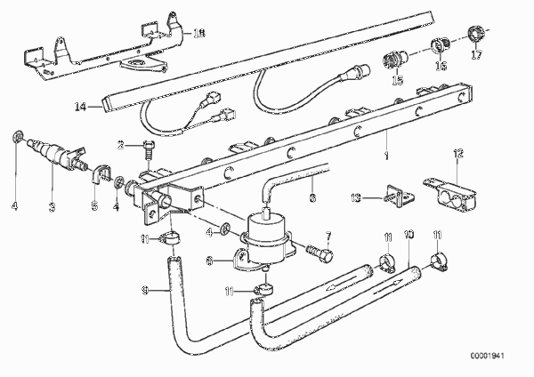 Клапаны/трубопроводы системы впрыска для BMW E34 525i M20 (схема запчастей)