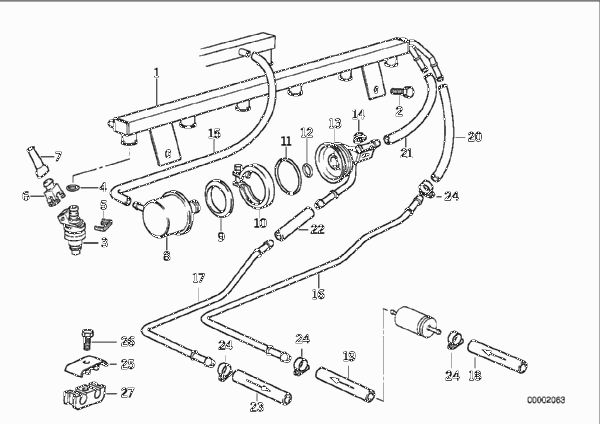 Клапаны/трубопроводы системы впрыска для BMW E36 M3 S50 (схема запчастей)