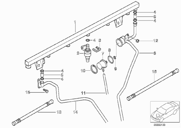 Клапаны/трубопроводы системы впрыска для BMW E36 M3 3.2 S50 (схема запчастей)