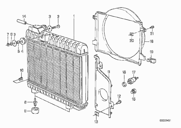 Радиатор водян.охлажд./кожух вентилятора для BMW E30 M3 S14 (схема запчастей)