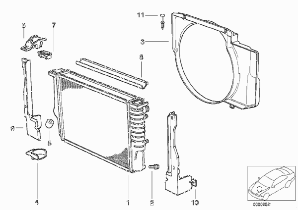 Радиатор водян.охлажд./кожух вентилятора для BMW E34 525td M51 (схема запчастей)