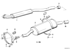 Система выпуска ОГ без катализатора для BMW E30 323i M20 (схема запасных частей)