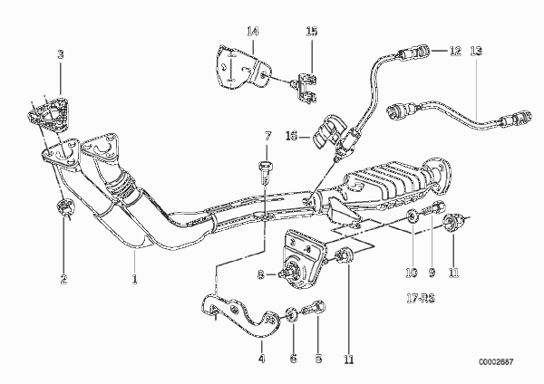 Система выпуска ОГ с катализатором для BMW E30 325e M20 (схема запчастей)