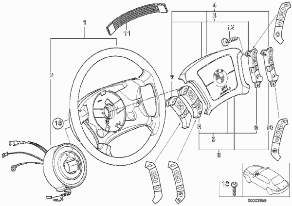 Многофункциональное рулевое колесо с НПБ для BMW E39 525tds M51 (схема запчастей)