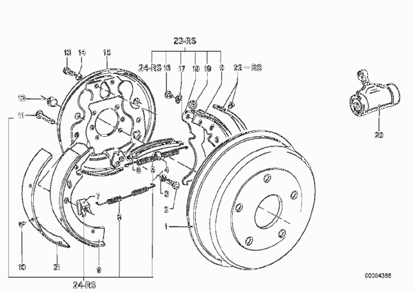 Барабанный тормозной механизм задн.кол. для BMW E12 520i M20 (схема запчастей)