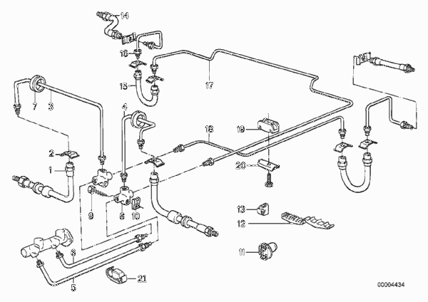 Трубопровод торм.привода Пд/Зд/креплен. для BMW E34 518i M40 (схема запчастей)