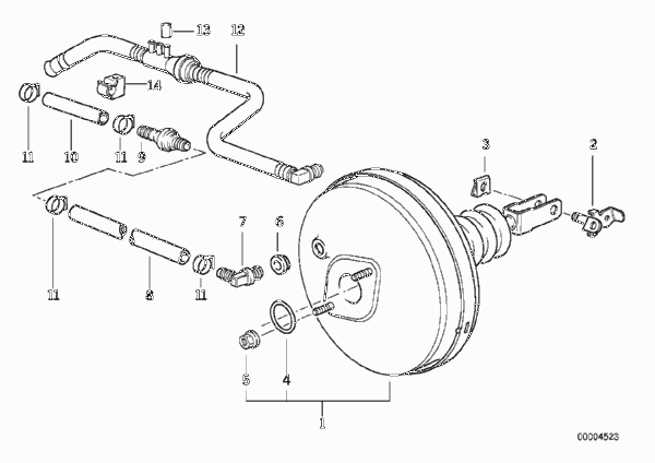 Вакуумный усилитель тормозов для BMW E36 316i 1.6 M43 (схема запчастей)