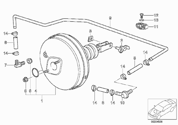Вакуумный усилитель тормозов для BMW E36 318i M40 (схема запчастей)