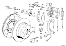 Датчик износа торм.накладки колеса Зд для BMW E30 316i M40 (схема запасных частей)