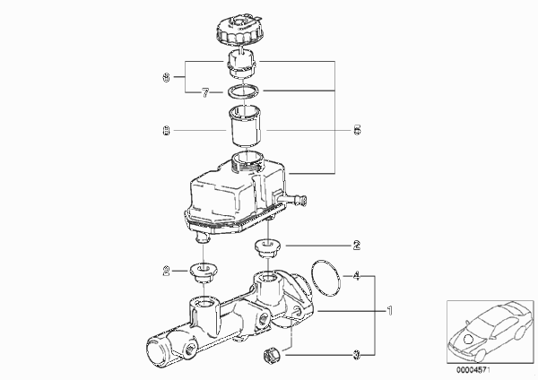 Главный тормозной цилиндр/бачок для BMW E32 730iL M30 (схема запчастей)