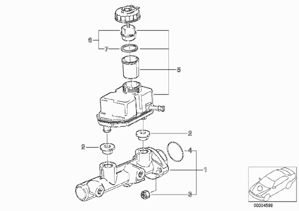 Главный тормозной цилиндр/бачок для BMW E38 730d M57 (схема запчастей)