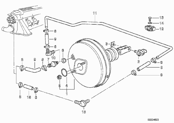 Усилитель тормозов с ASC+T для BMW E36 325tds M51 (схема запчастей)