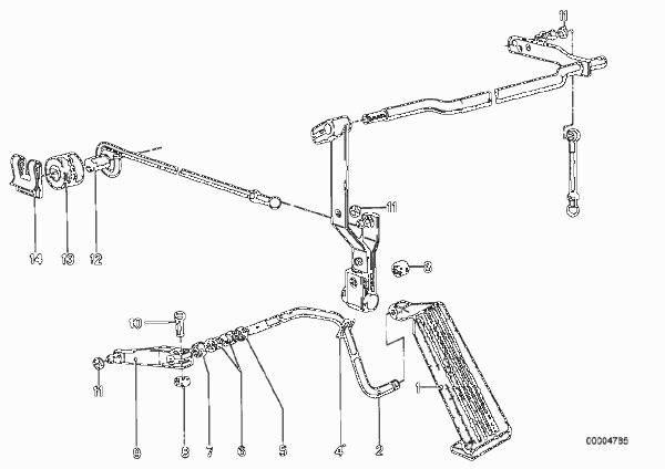 Привод педали акселератора/рычаги и тяги для BMW E12 520i M10 (схема запчастей)