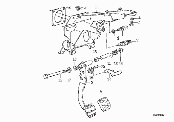 Опорный кронштейн педали/педаль тормоза для BMW E34 525td M51 (схема запчастей)