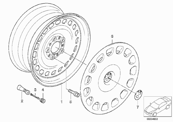 Колесный диск стальной, дизайн 12 для BMW E39 523i M52 (схема запчастей)