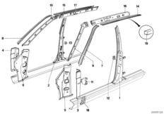 Детали бокового каркаса для BMW E12 535i M30 (схема запасных частей)