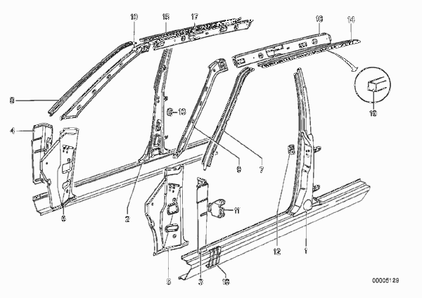 Детали бокового каркаса для BMW E12 520i M20 (схема запчастей)