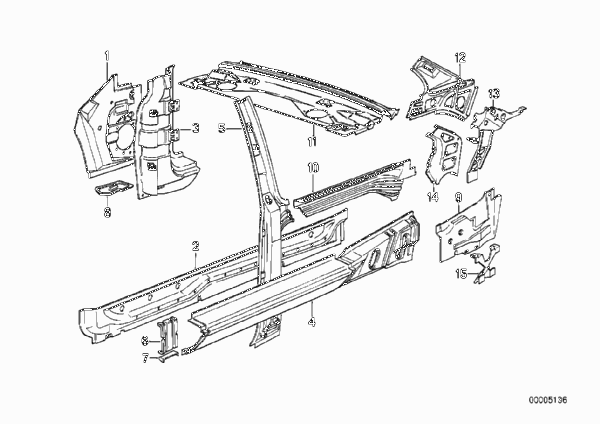 Детали бокового каркаса для BMW E30 318i M10 (схема запчастей)