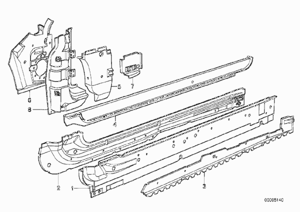 Детали бокового каркаса для BMW E30 320i M20 (схема запчастей)