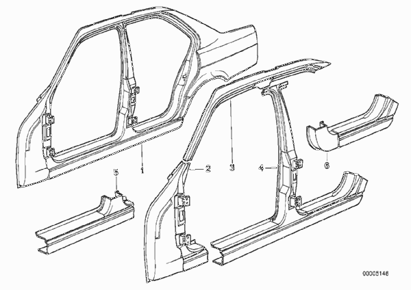 боковой каркас для BMW E34 525td M51 (схема запчастей)