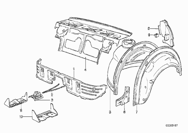 Перегородка багаж.отделения/брызговик для BMW E28 518 M10 (схема запчастей)