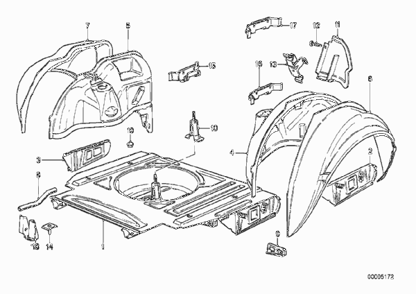 Пол багажника/брызговик Зд для BMW E30 325e M20 (схема запчастей)