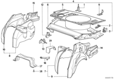 Пол багажника/брызговик Зд для BMW E34 530i M60 (схема запасных частей)