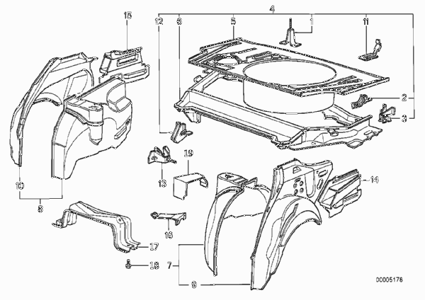 Пол багажника/брызговик Зд для BMW E34 530i M30 (схема запчастей)