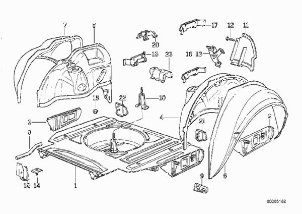 Пол багажника/брызговик Зд для BMW E30 325i M20 (схема запчастей)