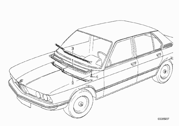 Капот/дополнительные элементы для BMW E12 520 M10 (схема запчастей)