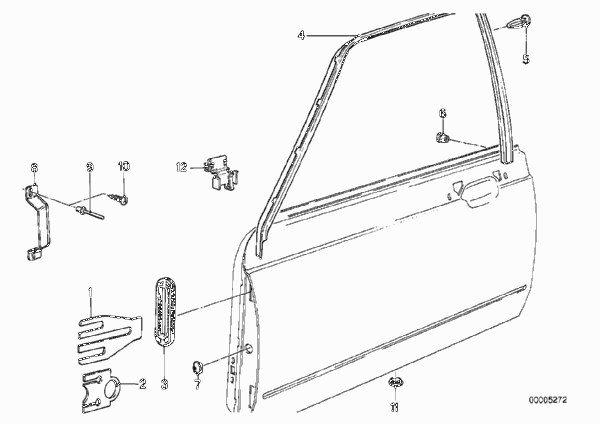 Дверь Пд-оконная рама/дополнит.элементы для BMW E23 735i M30 (схема запчастей)
