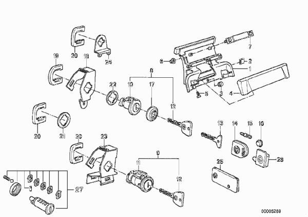 Ручка двери Пд/запорный механизм/ключ для BMW E30 318is M42 (схема запчастей)