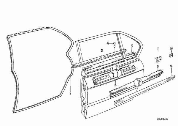 Уплотнитель двери сзади для BMW E12 535i M30 (схема запчастей)