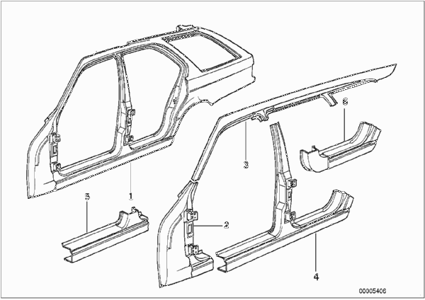 боковой каркас для BMW E34 518i M43 (схема запчастей)