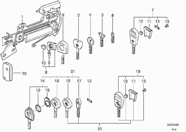Ручка двери Пд/запорный механизм/ключ для BMW E34 518g M43 (схема запчастей)