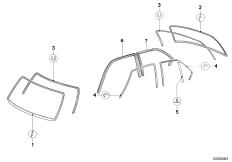 Остекление, дополнительные элементы для BMW E23 733i M30 (схема запасных частей)