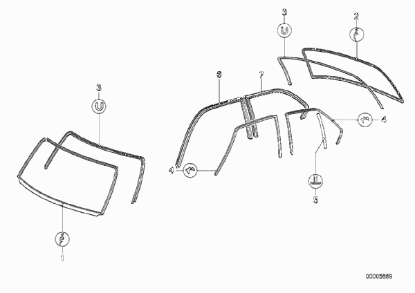 Остекление, дополнительные элементы для BMW E23 733i M30 (схема запчастей)