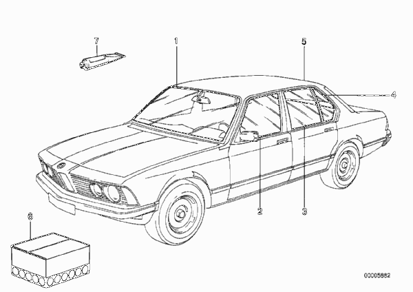 Остекление для BMW E23 733i M30 (схема запчастей)