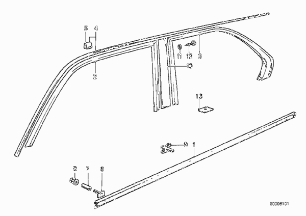 Декоративная планка водосточного желобка для BMW E12 528 M30 (схема запчастей)