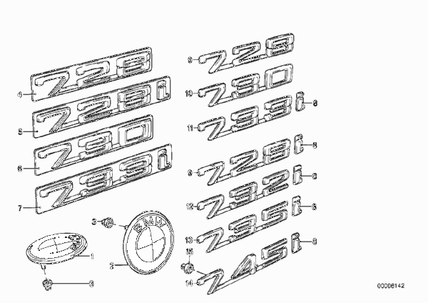 Эмблемы / надписи для BMW E23 732i M30 (схема запчастей)