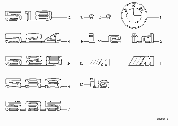 Эмблемы / надписи для BMW E28 520i M20 (схема запчастей)