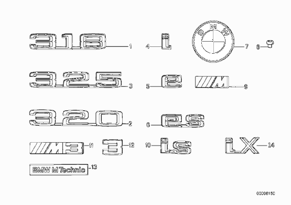 Эмблемы / надписи для BMW E30 325i M20 (схема запчастей)