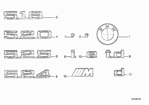 Эмблемы / надписи для BMW E28 518i M10 (схема запчастей)