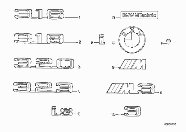 Эмблемы / надписи для BMW E30 320is S14 (схема запчастей)
